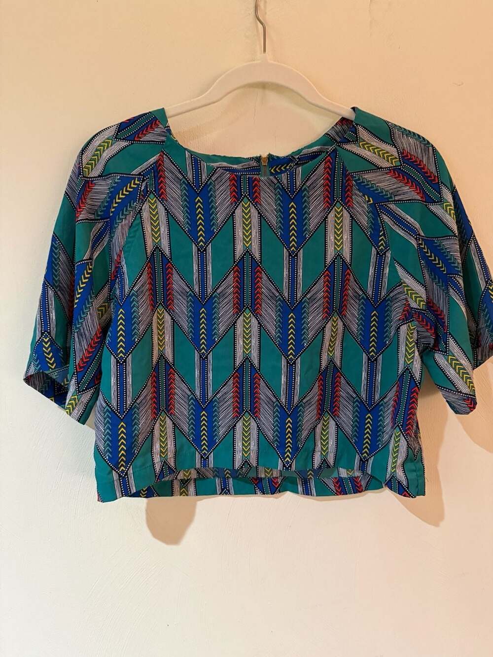 Fun & Flirt Blouse Size S Teal Blue Geometric Aztec Print Top